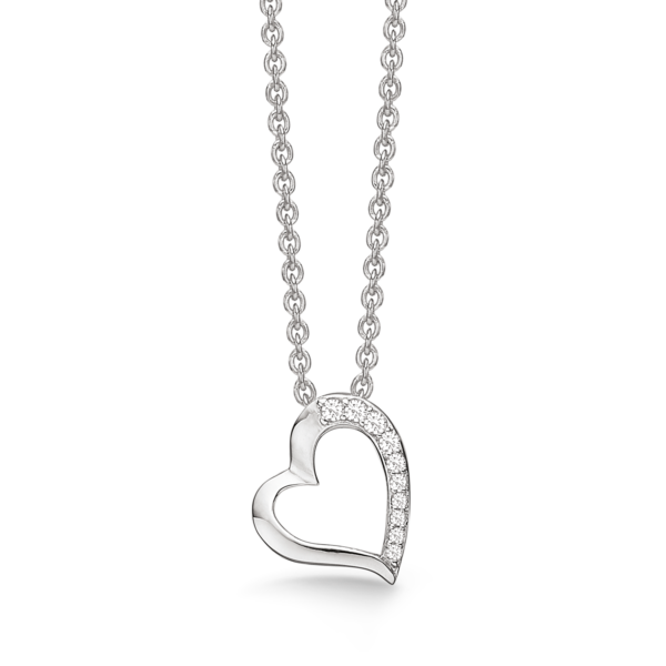 Silverhalsband krokigt hjärta med zirconia på ena kanten 42-45 cm.