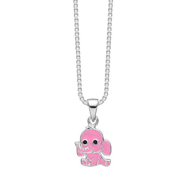 Silver halsband elefant med rosa och svart blyfri emalj. Kedjan är 36 cm lång.
