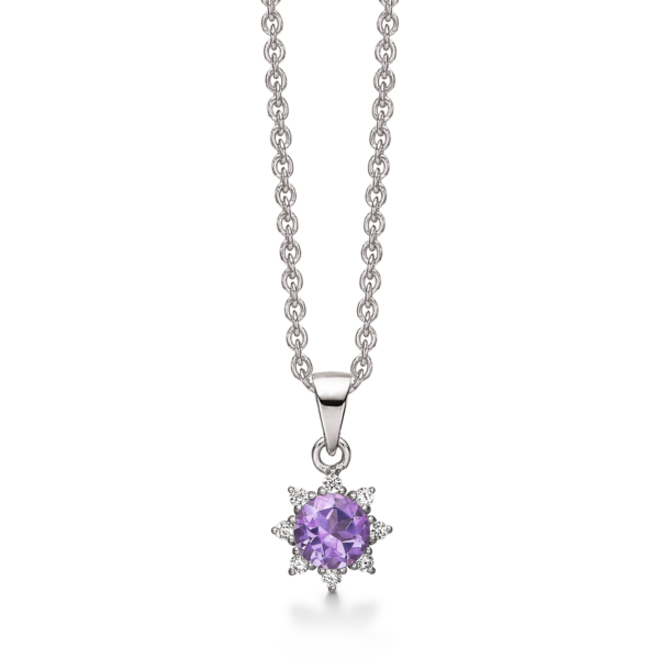 Silverhalsband rhodinerad ametist med facetterad zirkon runt.