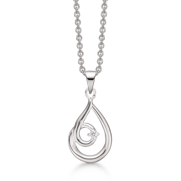 Silver halsband drop med cirkel med facetterad zirkon i sidan.