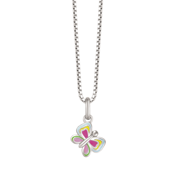 Silver fjärilshalsband med gul, rosa, rosa, grön och ljusblå emalj