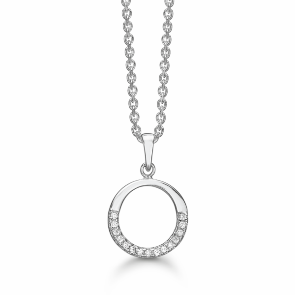 Silverhalsband rodinerad cirkel med facetterad zirkonia halvrund.