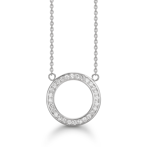 Silverhalsband rhodinerad cirkel med facetterad zirkon i kanten