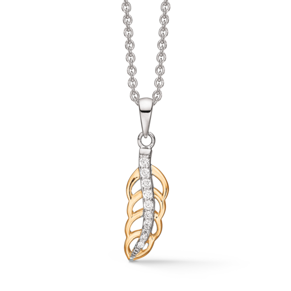 Silverhalsband rhodinerat/guldpläterat blad med en rad facetterade zirkoner i mitten