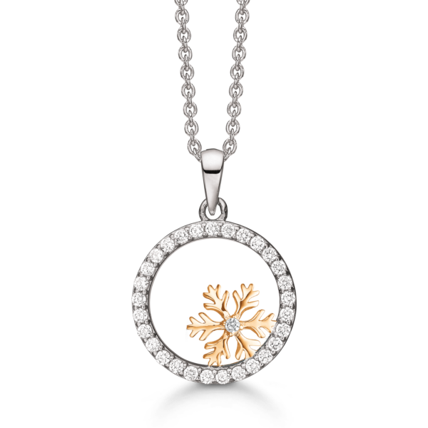 Silverhalsband rhodinerad/guldpläterad cirkel med facetterad zirkon i kanten med