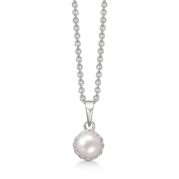 Klassiskt silverhalsband med pärlhäng och vita ädelstenar