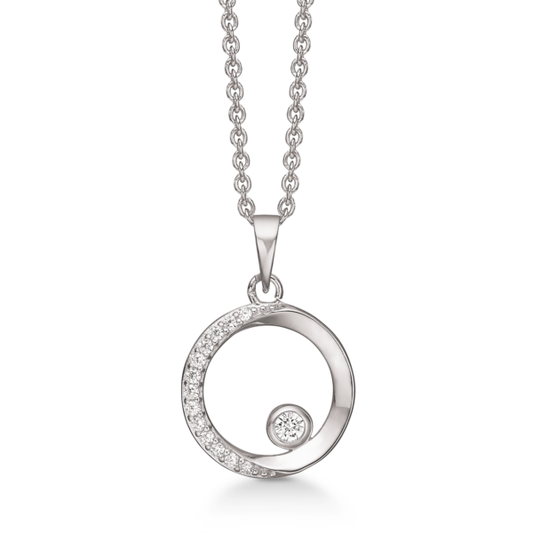 Silverhalsband rodiumpläterad cirkel med facetterad zirkon på ena sidan och en stor i mitten