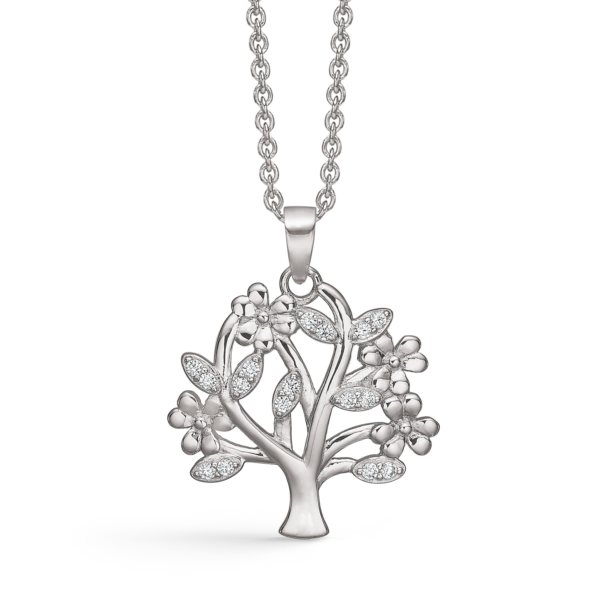 Støvring livets träd halsband i silver, med zirkonstenar - 42-45 cm