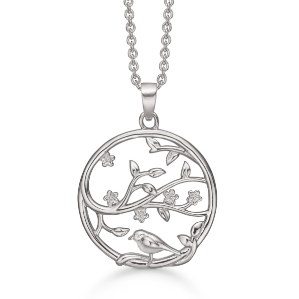 Dammring silverhalsband livets träd med fågel- och zirkonstenar - 42-45 cm