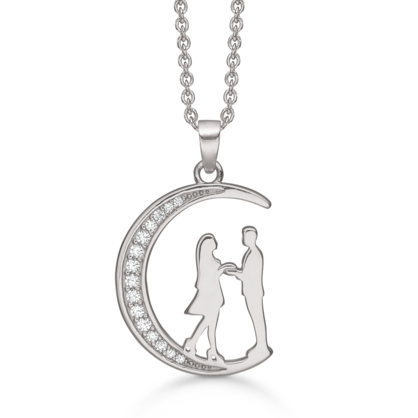 Silverhalsband rhodiumpläterad måne med facetterad zirconia och en man/kvinna