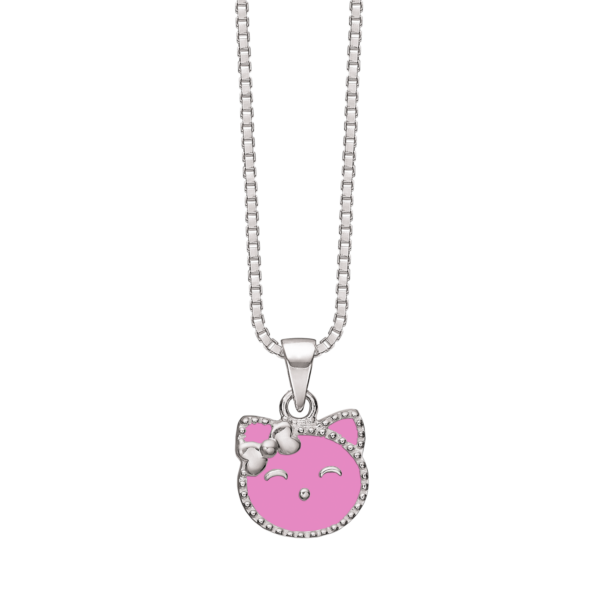 Silver halsband katt med rosa blyfri emalj. Kedjan är 38 cm lång.