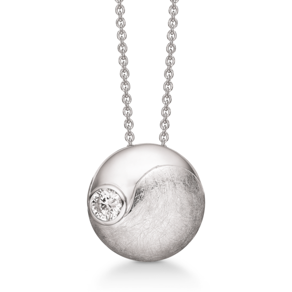 Silverhalsband rhodinerat matt och glänsande - yin och yang med facetterad zirconia i den blanka delen