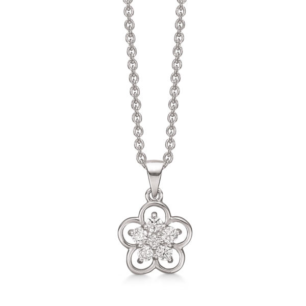 Silverhalsband rodiumpläterad blomma med facetterad zirkon