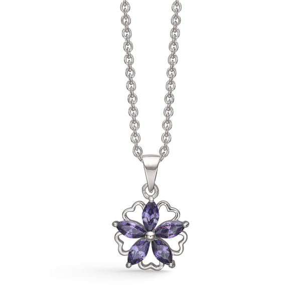 Silverhalsband rodiumpläterad blomma med 5 hjärtan med snöflingor syntetisk ametist "Flower of Heart"