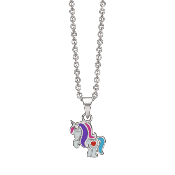 Unicorn halsband silver rodiumpläterad enhörning med vit/lila/rosa/blå/röd emalj