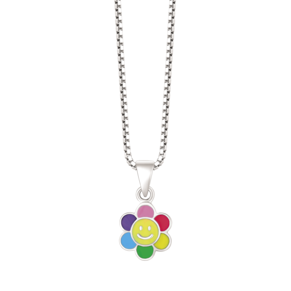 Silverhalsband smileycirkel med blomma i olika färger med blyfri emalj
