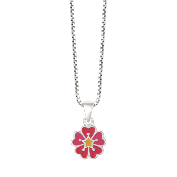 Silverhalsband rosa blomma med 5 hjärtan, gul i mitten "Flower of hearts"