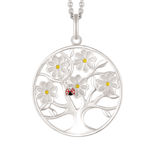 Silverhalsband 5 blommor på gren med nyckelpiga och blyfri emalj