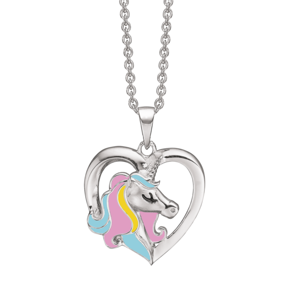 Enhörningshalsband silver med hjärta och enhörning med blå/rosa/gul emalj