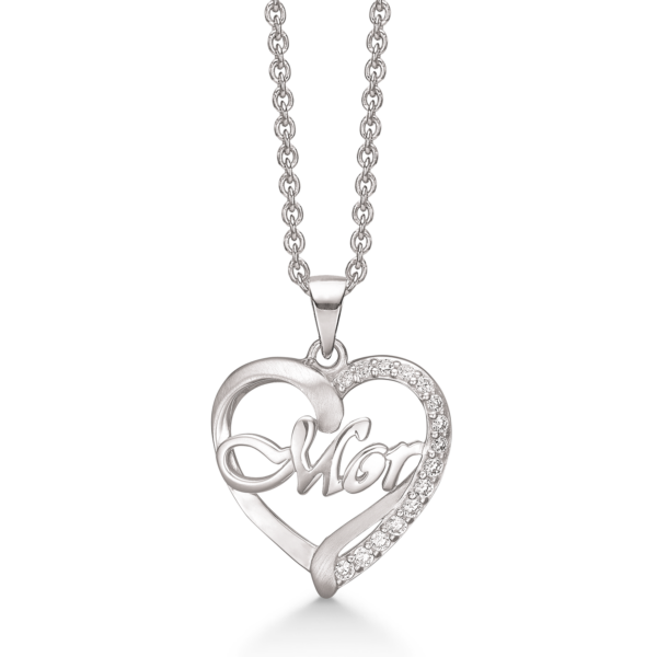 Moderhalsband med hjärta i silver med zirkonstenar. Längd: 42-45 cm