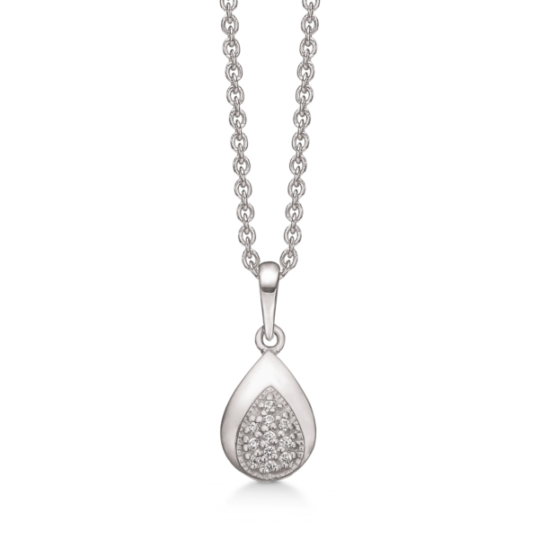 Silverhalsband rodiumpläterad oval droppe fylld med facetterad zirkon