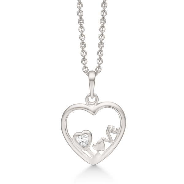 Dammring hjärta/Kärlekshalsband i silver med zirkonstenar 42-45 cm