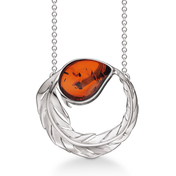 Amber halsband blad med droppe 45-50 cm i silver
