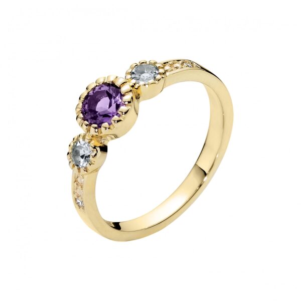 8 karats guldring med topas 2x3mm, ametist 1x5mm och diamanter 0,03 CT W.SI