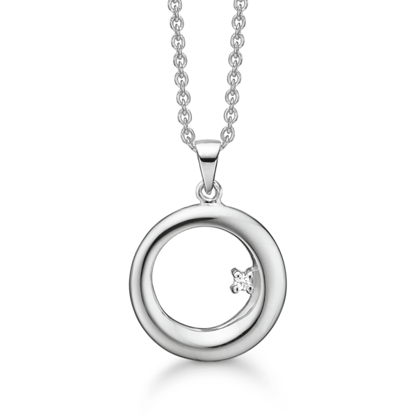 Silverhalsband rodiumpläterat bred cirkel med diamant.