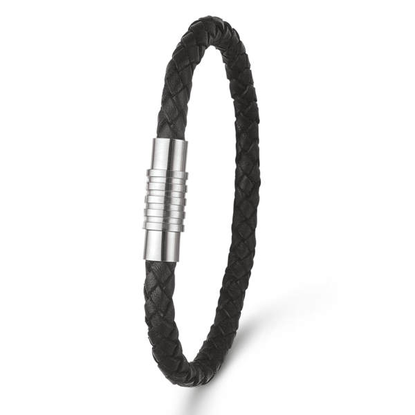 Stålarmband 5 mm. flätat läder med skruvmagnetlås med spår. Längd 19 cm.