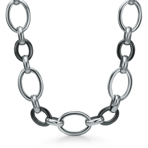 Stålhalsband oval länk omväxlande svart keramik och stål. Längd 44+5 cm.