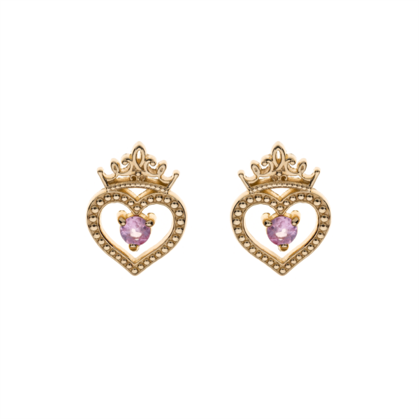 9 kt. guld örhänge krona med hjärta och rosa safir centrum.