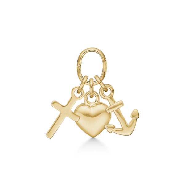 14 kt. guldhänge tro, hopp och kärlek. Mått: 5 x 7 mm.