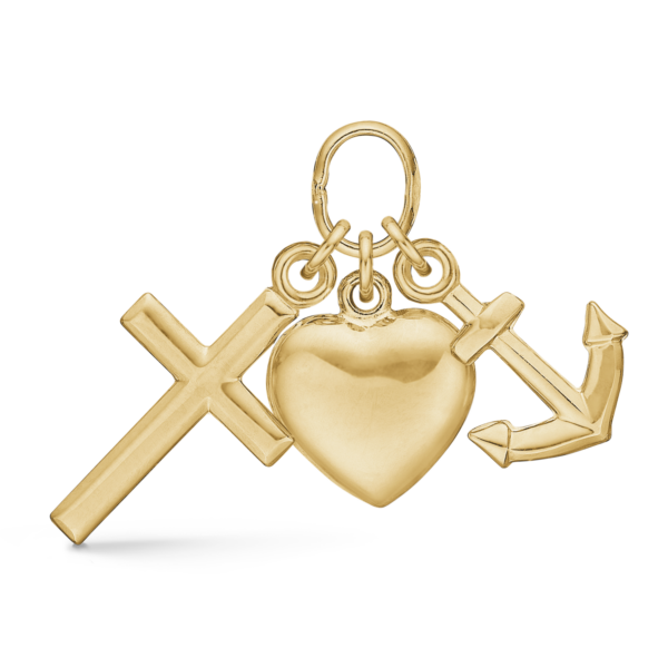 14 kt. guldhänge tro, hopp och kärlek. Mått: 9 x 14 mm.