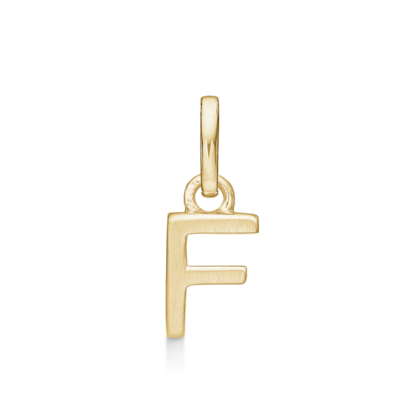 Bokstavshänge i guld F. Mått: 7,5 x 5,4 x 3,3 mm.