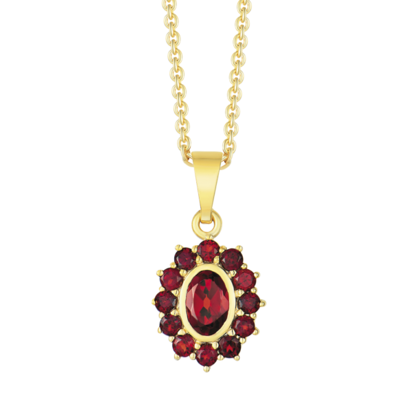Rose 8 karats guldhalsband, med en stor röd oval granat i mitten