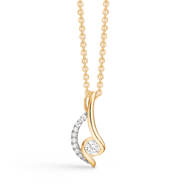 8 kt. guld halsband rosett med 10 synth. och vriden rosett med 1 zirkonia i mitten.