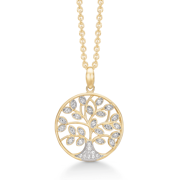 Støvring livets träd halsband i 8 karat guld, med zirkonstenar - 42-45 cm