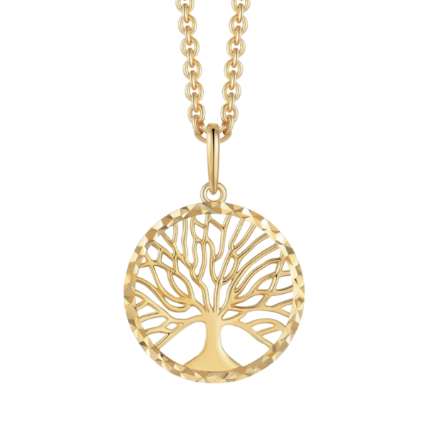 Tree of Life 8 karats guldhalsband, i cirkel med ojämn kant. Mäter 15,85 mm i diameter