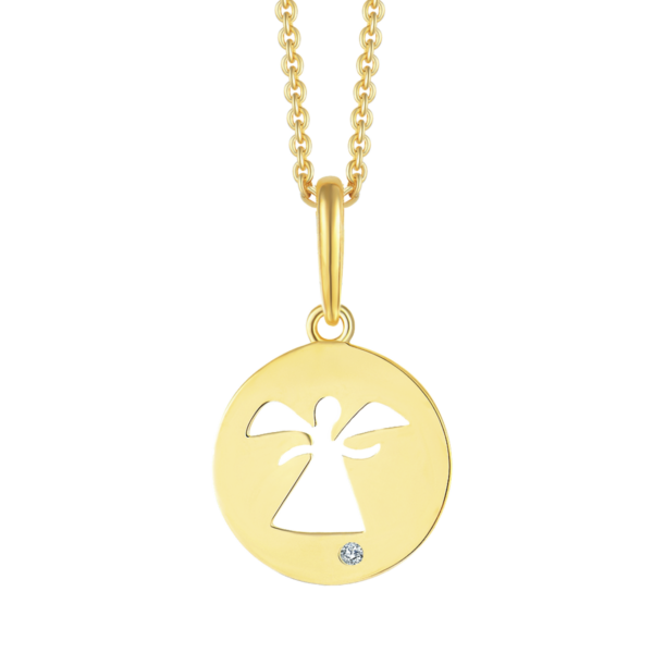 8 karat guldhängande cirkel med ängel och syntetiska cubic zirconia Mäter 10,6 mm i diameter