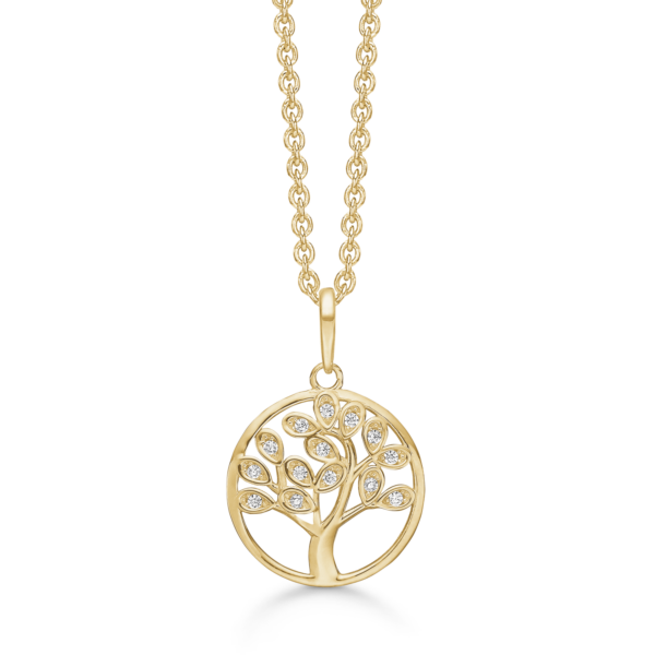 Støvring livets träd halsband i 8 karat guld, med zirkonstenar - 42-45 cm