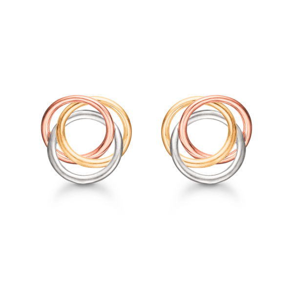 14 karat guld öronproppar, med cirklar flätade i 3 färger. Mått: 7 x 6,54 mm.