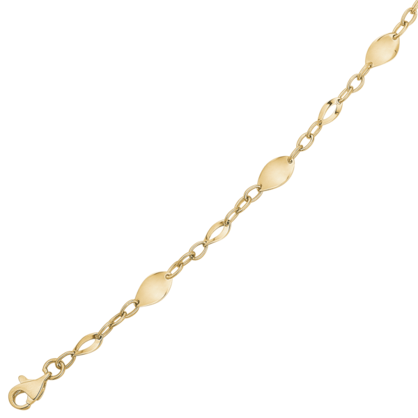 14 kt. guldarmband vände platt ovalt med kedja emellan. Längd 18,5 cm.