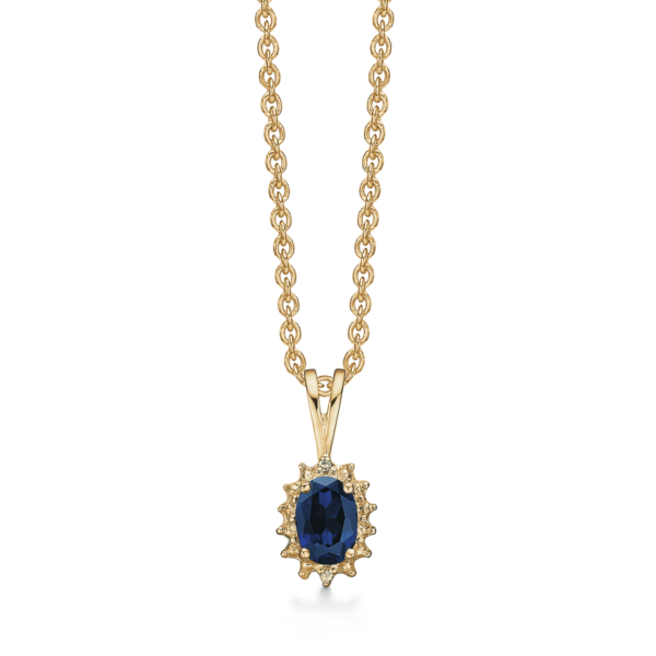 14 kt. guldhalsband oval safir och 2 diamanter.