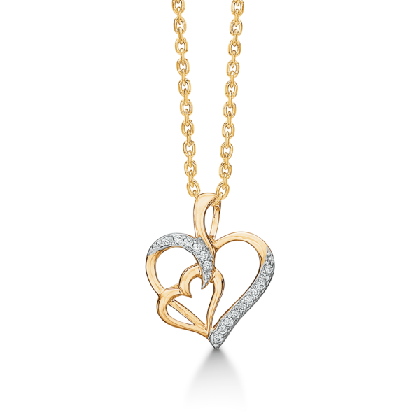 Guld dubbelt hjärta halsband med stenar 42-45 cm