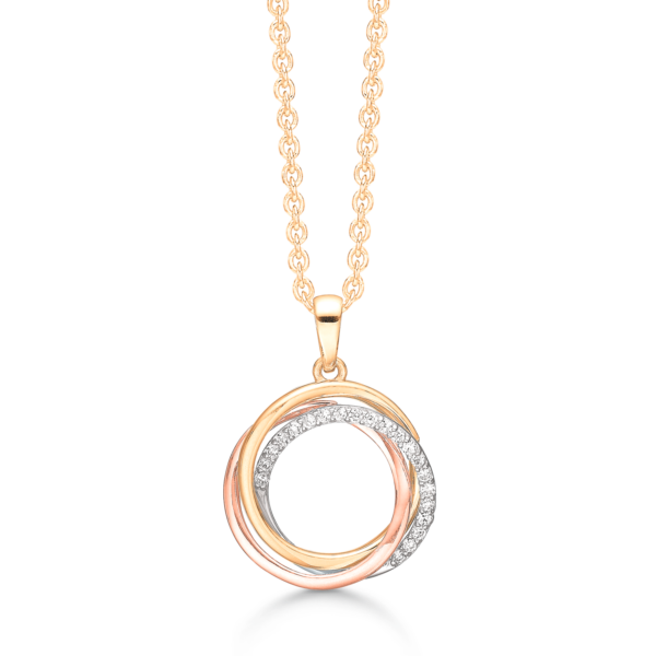 14 kt. guldhalsband cirklar 3 färger flätade Den vita med zirconia i ½ delen.