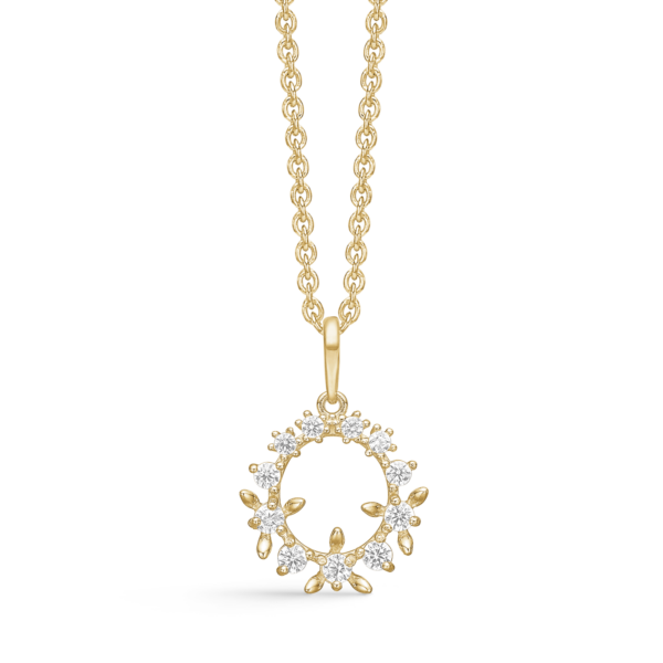 14 kt. guldhalsband cirkel med 3 blommor med fasetterad zirconia.