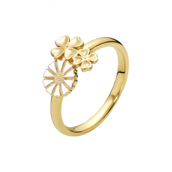Daisy ring 7,5 mm fyrklöver 24kt guldpläterad vit emalj 925