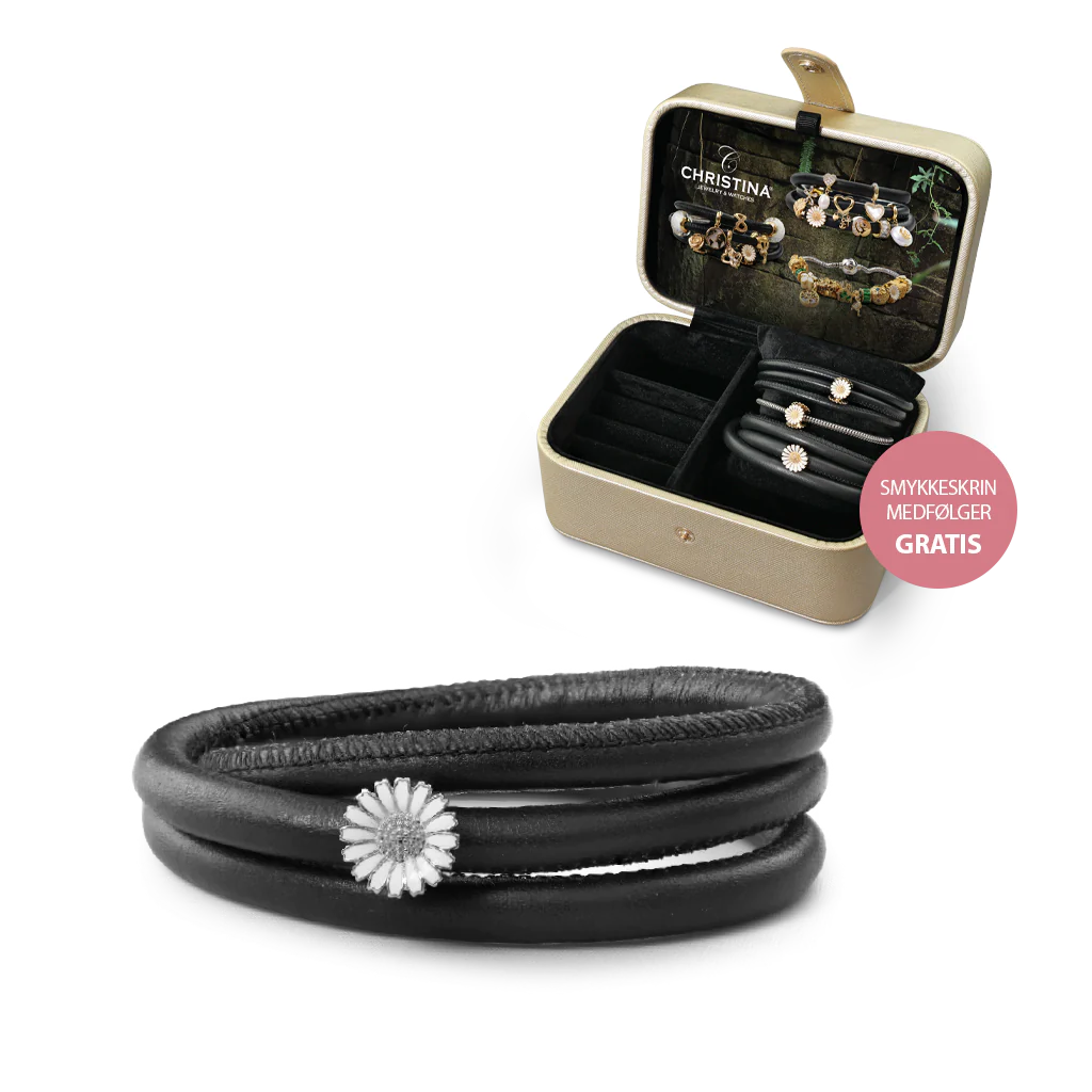 Christina læderarmbånd sæt med Marguerit i sølv inkl smykkeskrin