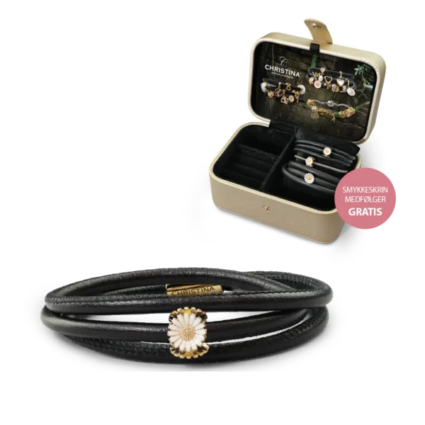 Christina slim læderarmbånd sæt med Marguerit i forgyldt